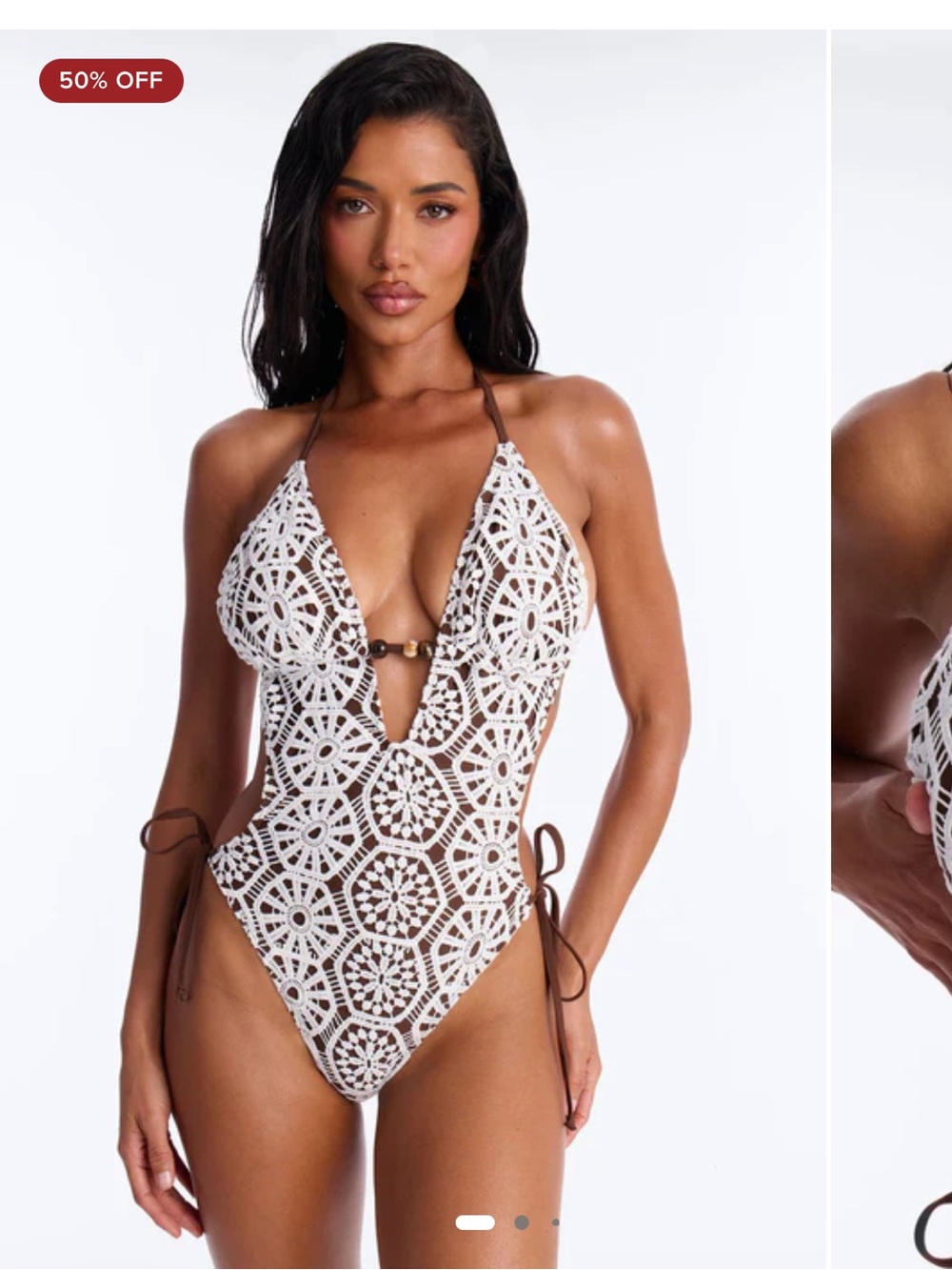 Fashion Nova White Crochet Cut-Out One-Piece Swimsuit with Brown Ties